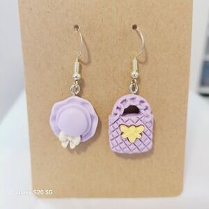 Fun Lilac Earrings Hat and Basket with Bee‎ Charm Whimsical Dangle Earrings